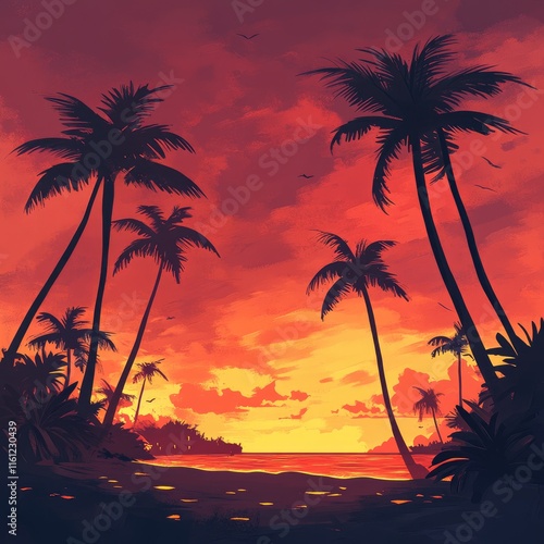 Tropical Sunset Silhouette Palm Trees Beach Scene