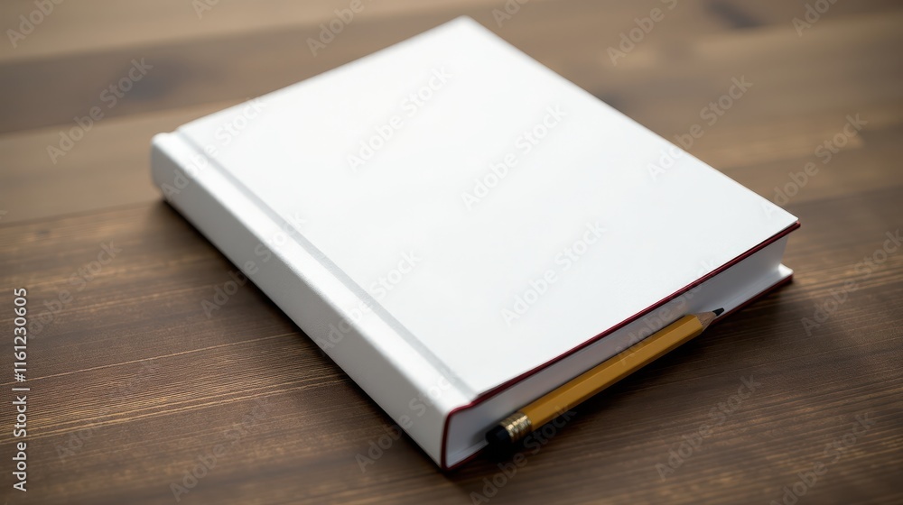 A blank white book with a pencil rests on a wooden table, symbolizing creativity and potential A blank white book with a pencil rests on a wooden table, symbolizing creativity and potential