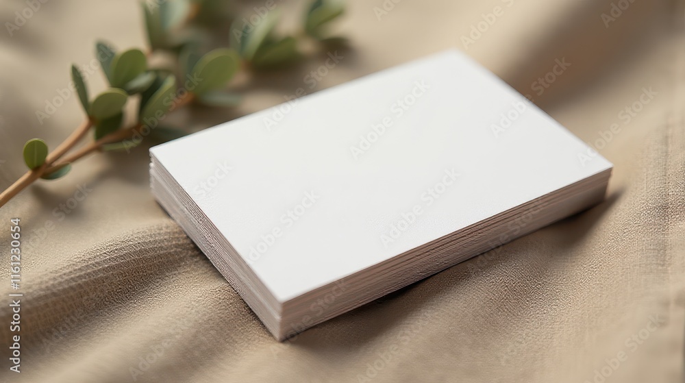 Fototapeta premium Stack of blank white business cards on textured beige fabric with green eucalyptus branch