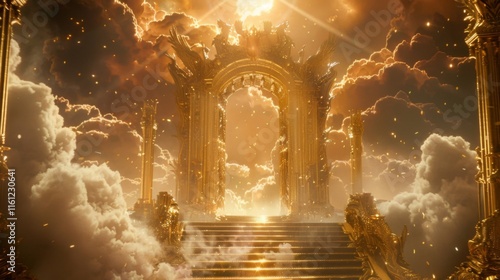 A majestic golden gate stands tall amidst fluffy white clouds, representing the ethereal doors to heaven and the promise of afterlife.