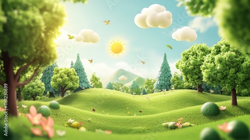 Enchanting Springtime Landscape: A Whimsical 3D Render of Lush Green Hills, Fluffy Clouds, and Cheerful Birds