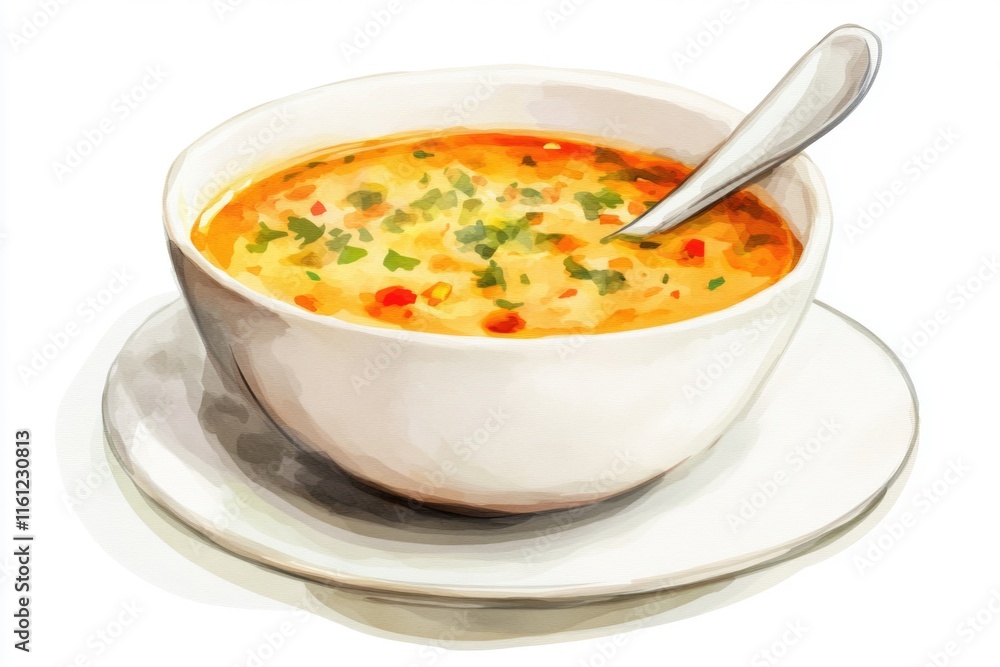 A bowl of hot soup served with a spoon on a plate A bowl of hot soup served with a spoon on a plate