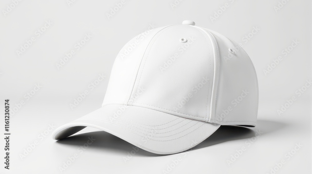 A sleek white baseball cap is shown on a plain white background, highlighting its clean lines and minimalist design A sleek white baseball cap is shown on a plain white background, highlighting its clean lines and minimalist design