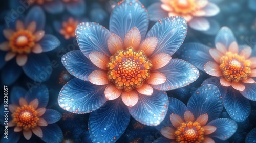 Vibrant glowing flowers with intricate patterns in a dreamlike garden
