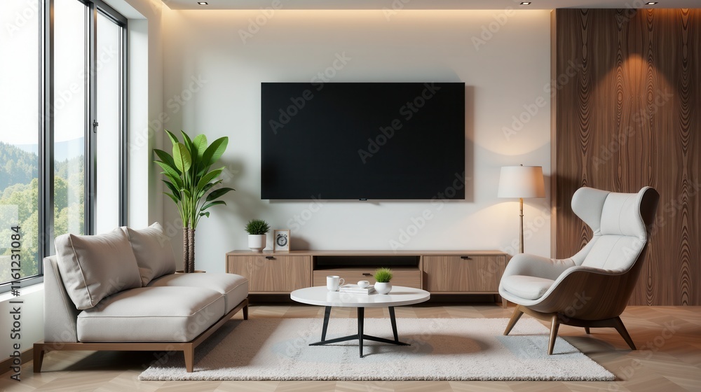 Modern living room with minimalist furniture, a large wall-mounted TV, indoor plants, and a cozy ambiance through natural light from the window Modern living room with minimalist furniture, a large wall-mounted TV, indoor plants, and a cozy ambiance through natural light from the window