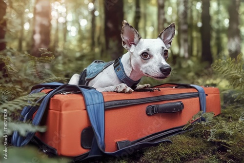 Adorable Dog on Orange Suitcase Surrounded by Lush Green Forest photo