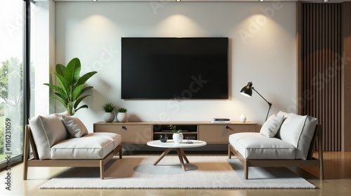 Modern living room with minimalist furniture, a large wall-mounted TV, indoor plants, and a cozy ambiance through natural light from the window