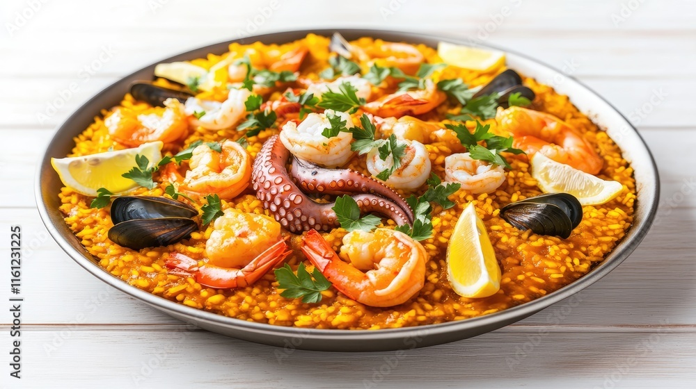 A vibrant seafood paella featuring shrimp, octopus, and mussels, garnished with lemon and herbs. A vibrant seafood paella featuring shrimp, octopus, and mussels, garnished with lemon and herbs.