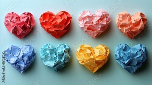 Colorful origami hearts on a soft blue background: a symbol of love and creativity