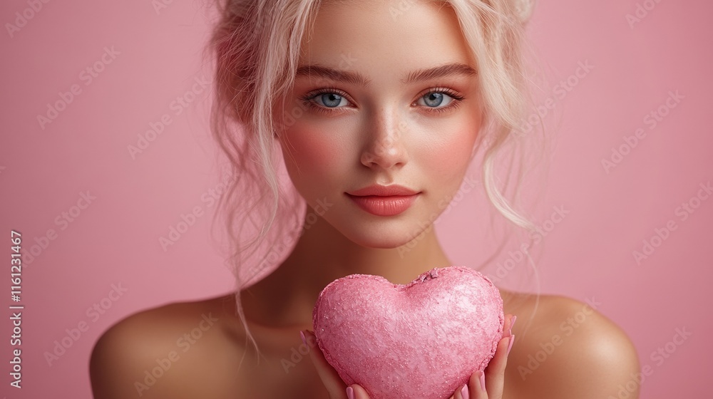 Blonde woman holding pink heart-shaped soap against pastel pink background Blonde woman holding pink heart-shaped soap against pastel pink background