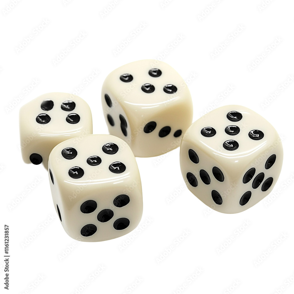 Four Ivory Dice with Black Dots: A Close-Up Shot Four Ivory Dice with Black Dots: A Close-Up Shot