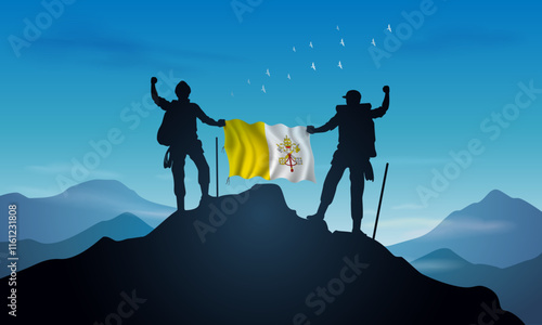 Vatican City flag, silhouette of a man holding a flag as a sign of success in reaching the top of the mountain against a clear sky background. Vector Illustrator