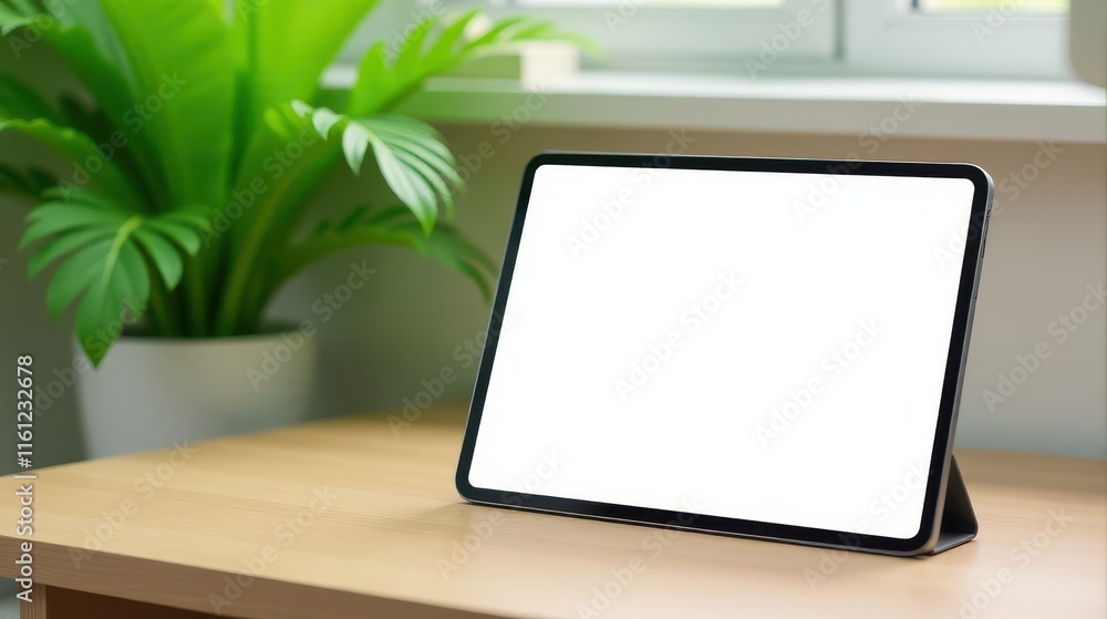 A tablet with a blank screen sits on a light wooden table next to a green potted plant, bathed in soft natural light A tablet with a blank screen sits on a light wooden table next to a green potted plant, bathed in soft natural light