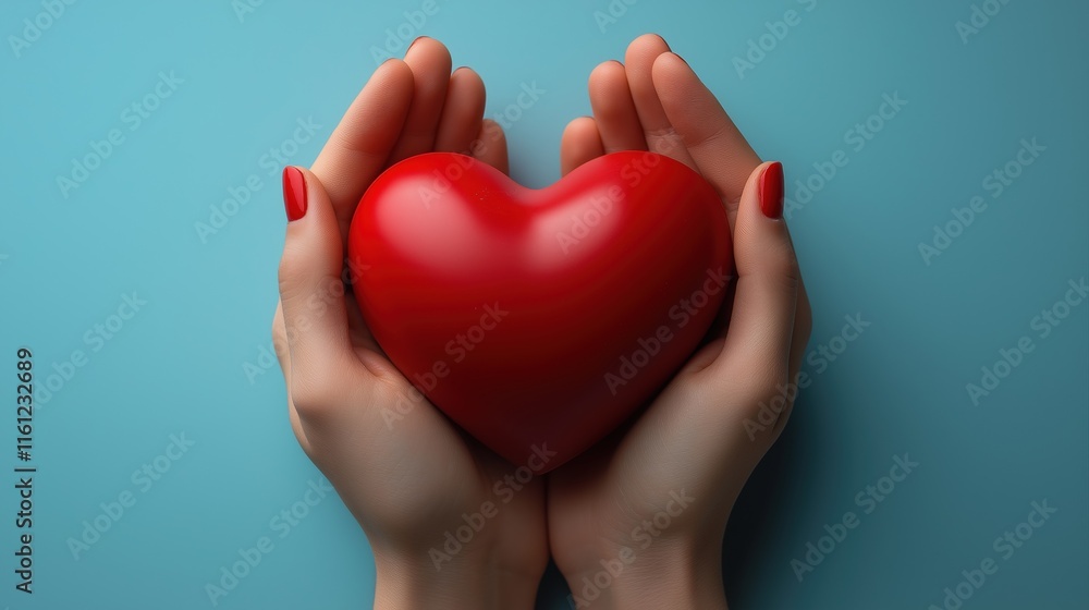 Fototapeta premium Hands gently holding a red heart on a blue background