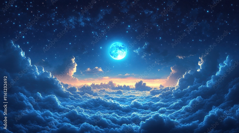 Fototapeta premium Enchanting blue moon shining over cosmic cloudscape and starry night sky