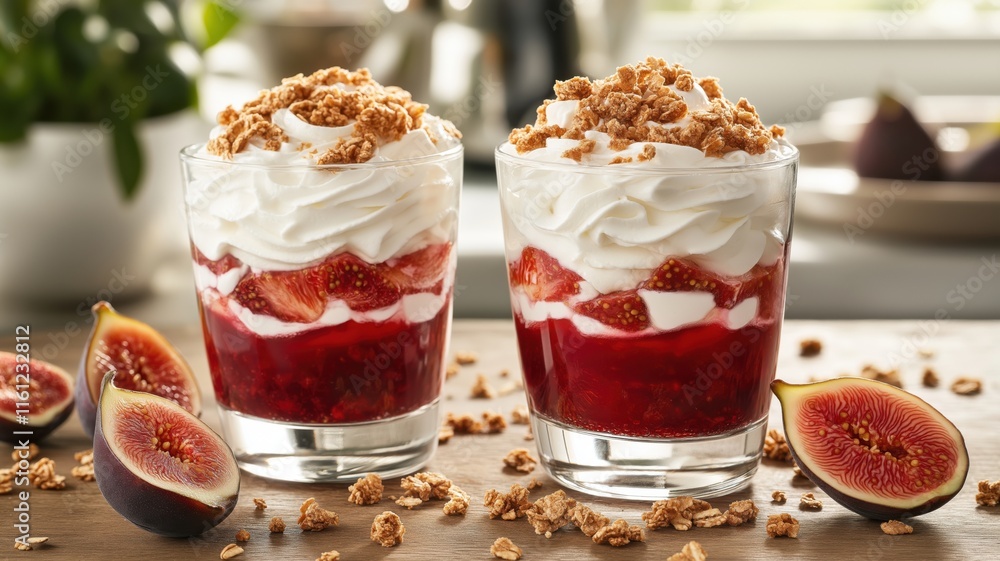 Refreshing fig and yogurt parfait with granola in glass for breakfast or dessert Refreshing fig and yogurt parfait with granola in glass for breakfast or dessert