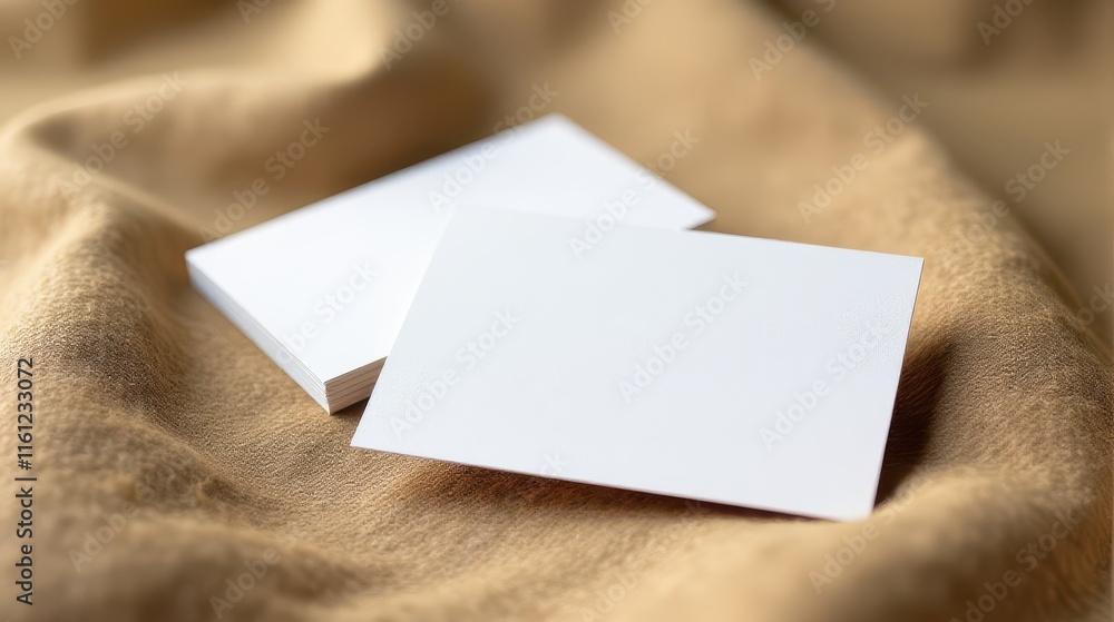 Obraz premium Stack of plain white business cards on a burlap surface, perfect for branding or corporate identity concepts