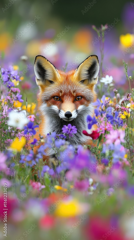 Fototapeta premium A fox amidst a vibrant field of wildflowers, showcasing nature's beauty and wildlife.