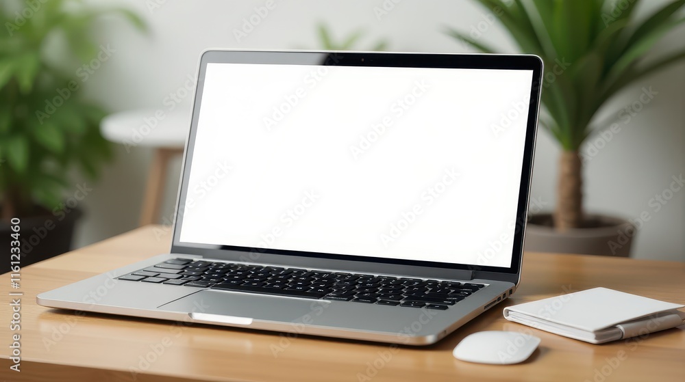A sleek laptop with a blank screen sits on a wooden desk beside a smartphone and notepad in a bright, modern office space A sleek laptop with a blank screen sits on a wooden desk beside a smartphone and notepad in a bright, modern office space