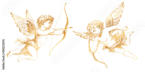 Vector freehand collection golden Cupid scribble isolated on white background. Texture of writing materials. Handwritten valentines doodles and pencil strokes. Hand drawn gold set Cupidon line art