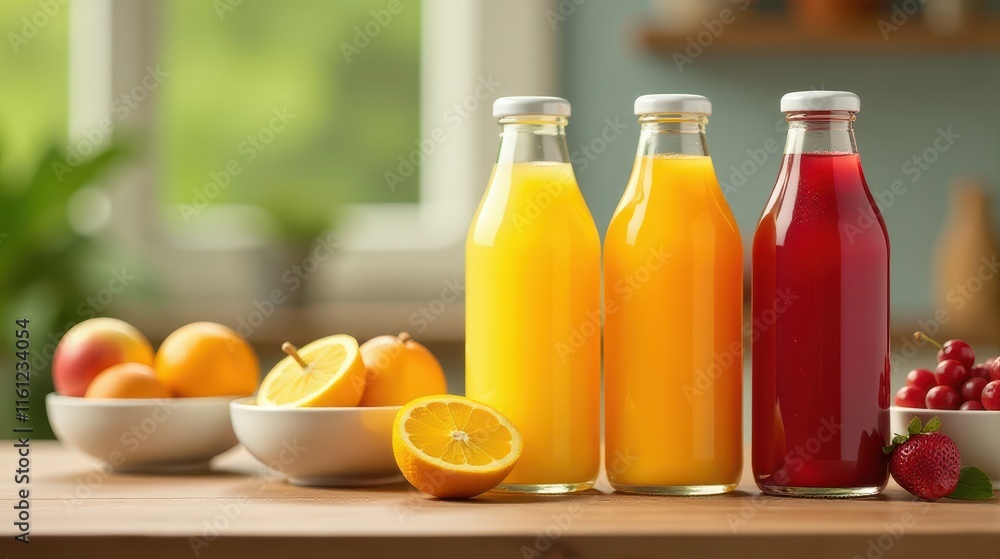 Three bottles of vibrant fruit juice sit on a wooden table, surrounded by fresh oranges, strawberries, and grapes in a sunlit kitchen Three bottles of vibrant fruit juice sit on a wooden table, surrounded by fresh oranges, strawberries, and grapes in a sunlit kitchen