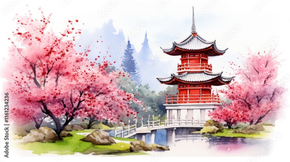 Obraz premium Serene Japanese Pagoda in Spring Blossom