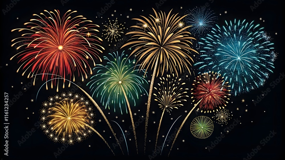 Happy New Year 2025 Silvester Eve party panorama with fireworks against a dark blue and black sky background Happy New Year 2025 Silvester Eve party panorama with fireworks against a dark blue and black sky background