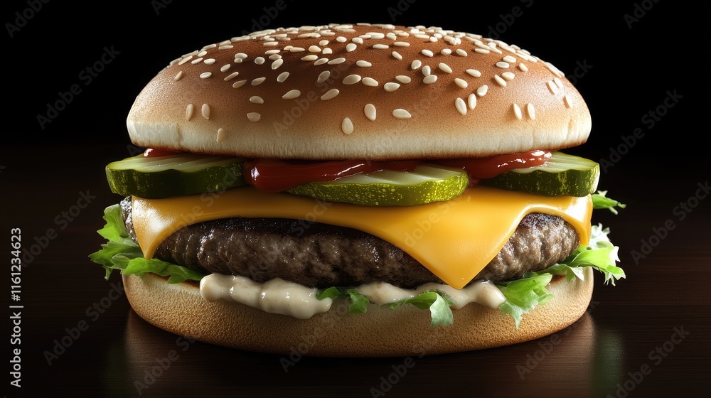 A close-up of a delicious cheeseburger with pickles, lettuce, and condiments. A close-up of a delicious cheeseburger with pickles, lettuce, and condiments.