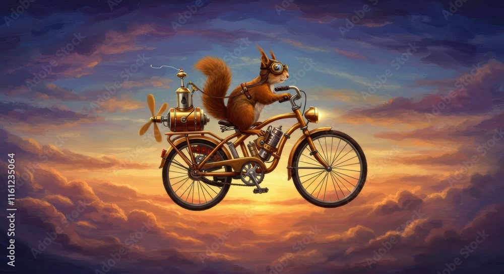 Obraz premium Squirrel on a Flying Bicycle: A whimsical and adventurous illustration of a squirrel riding a steampunk bicycle soaring through the clouds at sunset. 