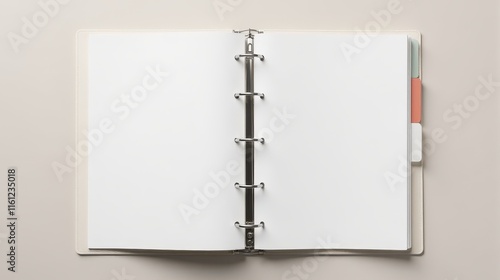 An open ring binder with blank pages on a neutral background, ideal for concepts related to organization, planning, or creative projects