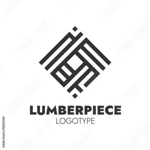 A geometric and abstract logo design for "LUMBERPIECE LOGOTYPE" featuring interlocking lines and shapes in black and white