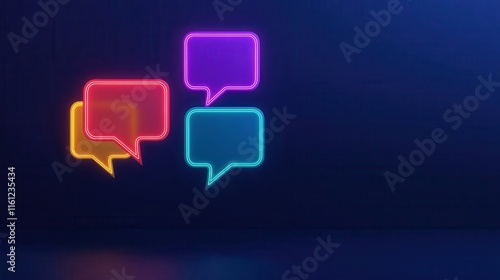 Colorful Neon Speech Bubbles with Vibrant Glow Against Dark Background Ideal for Communication and Social Media Themes
