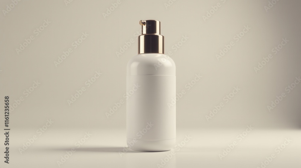A sleek white bottle with a glossy finish and golden cap stands on a minimalistic surface against a soft grey background A sleek white bottle with a glossy finish and golden cap stands on a minimalistic surface against a soft grey background