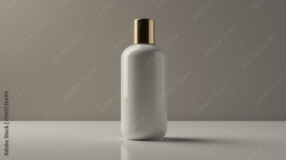 A sleek white bottle with a glossy finish and golden cap stands on a minimalistic surface against a soft grey background A sleek white bottle with a glossy finish and golden cap stands on a minimalistic surface against a soft grey background