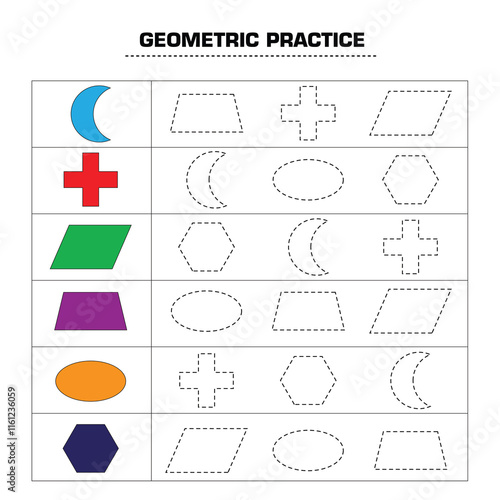 Geometric tracing worksheet for kid template flat handdrawn geometric shapes sketch