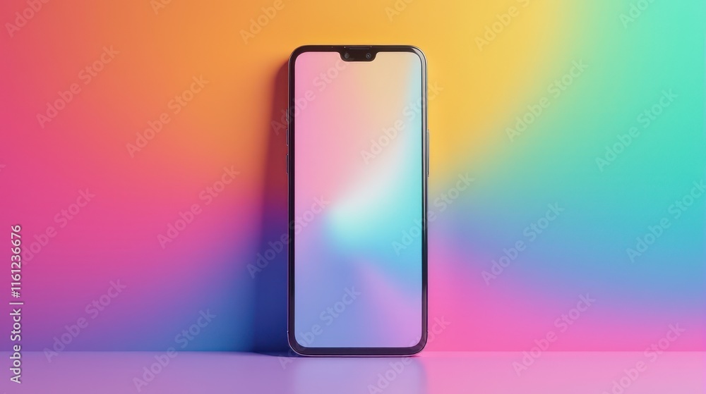 Sleek smartphone on a vibrant rainbow gradient background, highlighting modern technology and colorful design Sleek smartphone on a vibrant rainbow gradient background, highlighting modern technology and colorful design