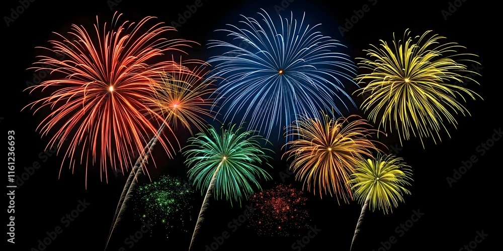 Happy New Year 2025 Silvester Eve party panorama with fireworks against a dark blue and black sky background Happy New Year 2025 Silvester Eve party panorama with fireworks against a dark blue and black sky background