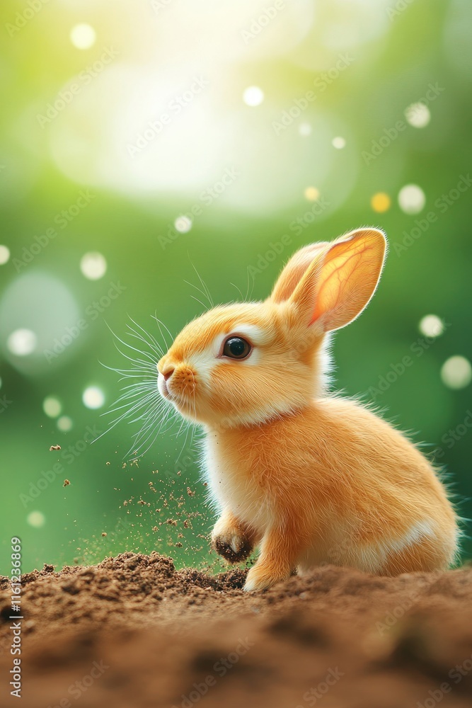 Fototapeta premium A cute, fluffy rabbit sits on the ground, surrounded by a soft, blurred green background.