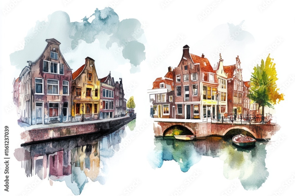 Obraz premium Two watercolor paintings of cityscapes with a bridge, suitable for urban-themed projects