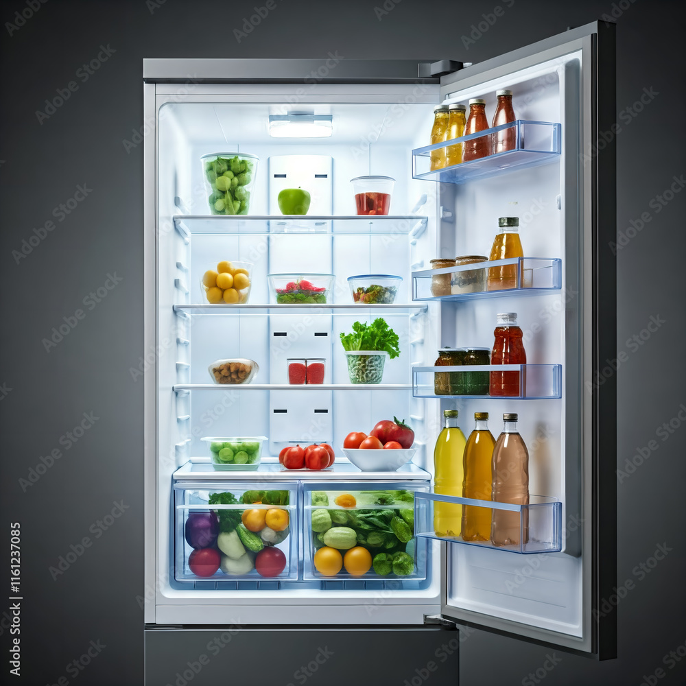 Open Refrigerator with Fresh Groceries Open Refrigerator with Fresh Groceries