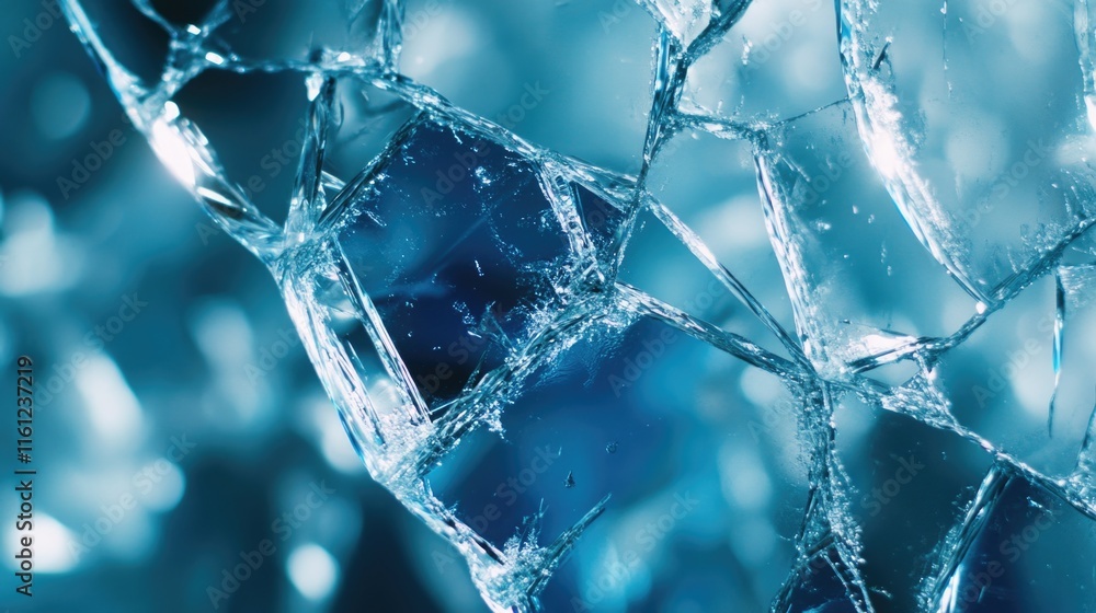 A broken glass window with a blue background