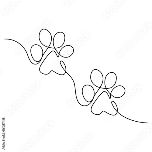 Dog foot print continuous one line drawing with animal paw icon outline vector