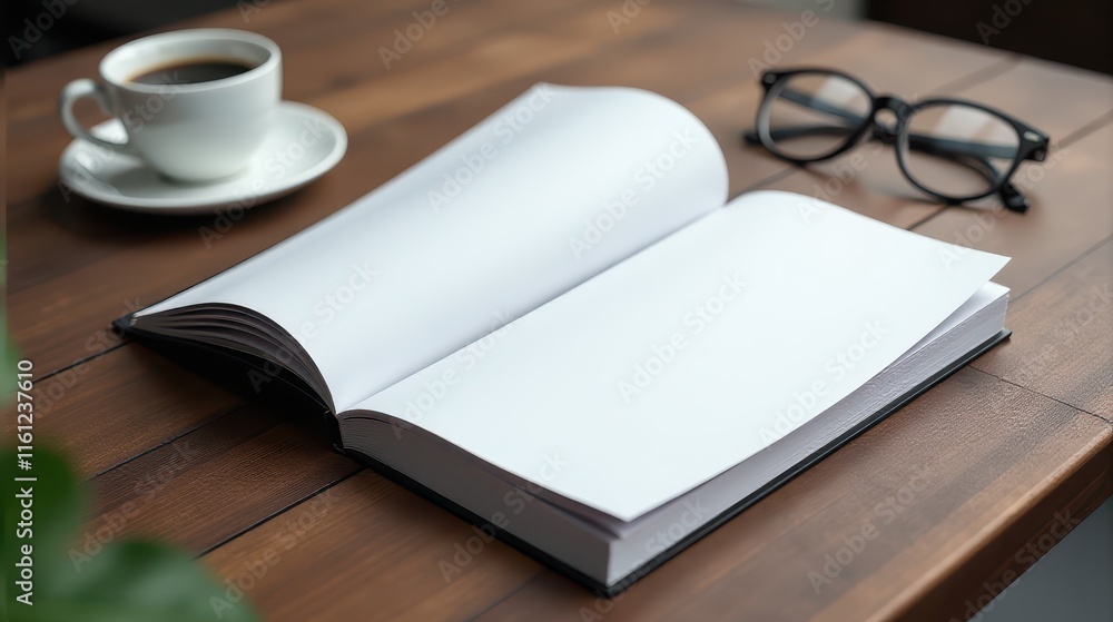 Open blank notebook on a wooden table with a cup of coffee and black glasses, symbolizing creativity and inspiration Open blank notebook on a wooden table with a cup of coffee and black glasses, symbolizing creativity and inspiration