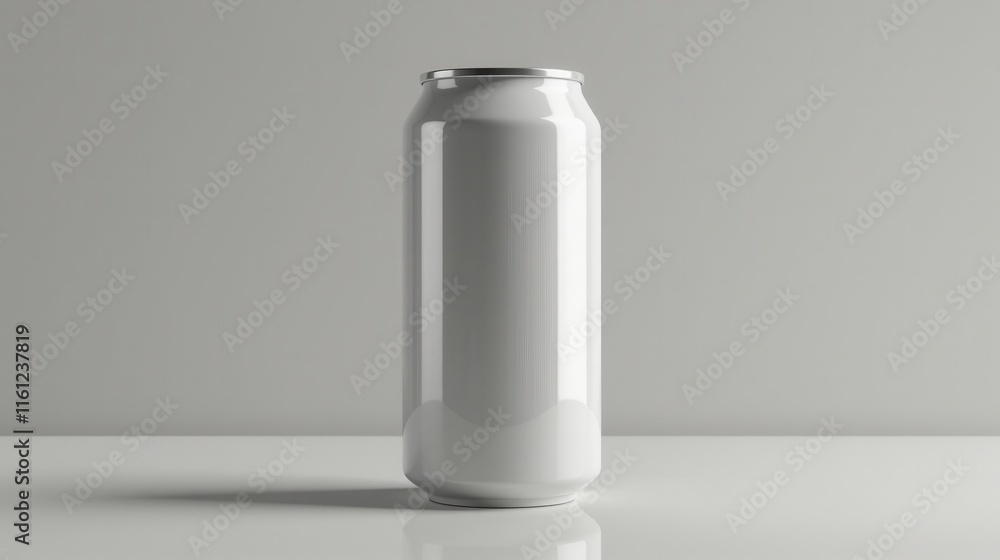 A blank aluminum can on a reflective surface, ideal for showcasing branding or beverage concepts with minimalistic design A blank aluminum can on a reflective surface, ideal for showcasing branding or beverage concepts with minimalistic design