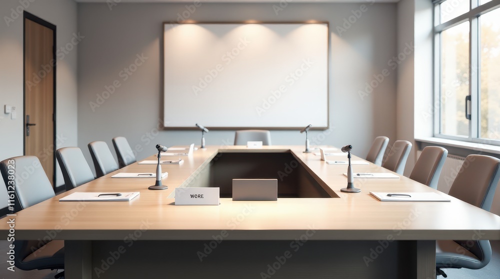 Modern conference room with long wooden table, swivel chairs, microphones, and a large projection screen, ideal for meetings and presentations Modern conference room with long wooden table, swivel chairs, microphones, and a large projection screen, ideal for meetings and presentations