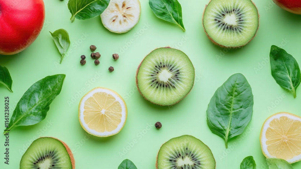Fototapeta premium A bowl filled with sliced kiwis, apples, lemons, and spinach for a healthy fruit salad