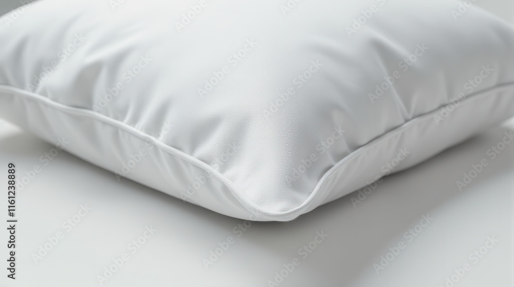 Obraz premium A close-up image of a crisp white pillow corner showcases smooth, soft fabric texture on a light background, highlighting minimalistic bedding design