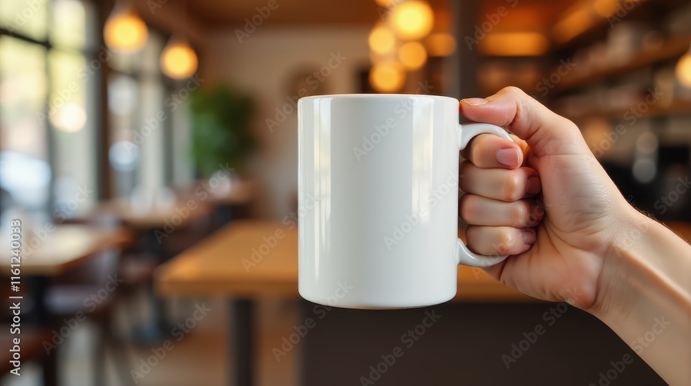 A hand holds a white mug against a blurred coffee shop background with warm lighting and wooden decor A hand holds a white mug against a blurred coffee shop background with warm lighting and wooden decor