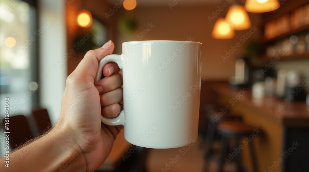 A hand holds a white mug against a blurred coffee shop background with warm lighting and wooden decor A hand holds a white mug against a blurred coffee shop background with warm lighting and wooden decor