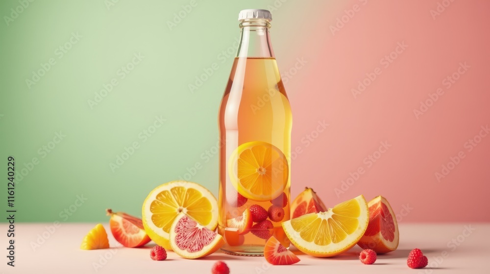 Orange juice bottle with fresh citrus fruits and raspberry on a vibrant, warm gradient background, highlighting natural ingredients and refreshing flavors Orange juice bottle with fresh citrus fruits and raspberry on a vibrant, warm gradient background, highlighting natural ingredients and refreshing flavors